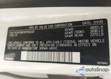 2009 Volvo S80 3.2 from USA, damaged, VIN YV1AS982491103237